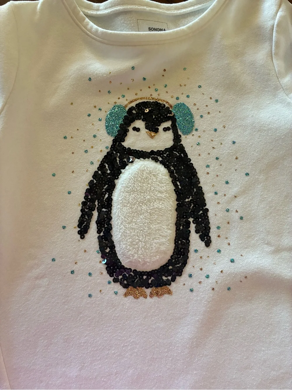 Sonoma Girl's White Winter Penguin Sequin Sweater Pullover Fleece Cotton Size 12